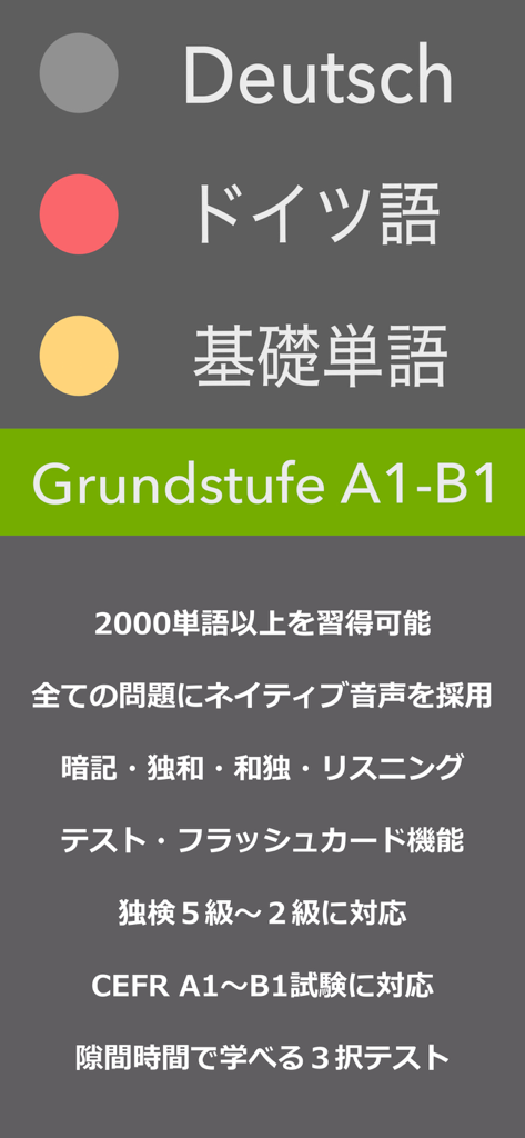 Características de la aplicación de aprendizaje de vocabulario alemán Grundstufe que cubren los niveles MCER A1 a B1