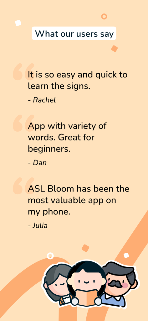 A collection of positive user reviews for the ASL Bloom app highlighting its ease of use and value for beginners learning American Sign Language.