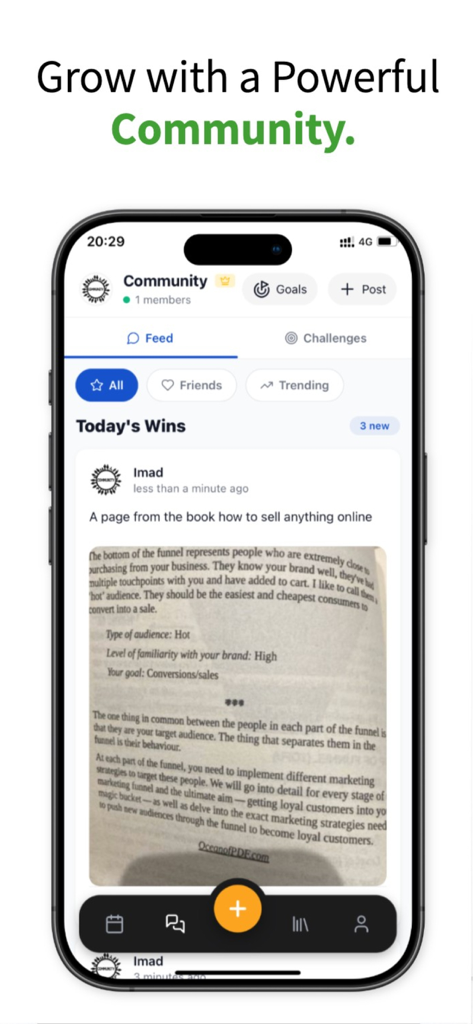 Growi: AI Productivity-Growth - Écran du fil communautaire dans l'application Growi montrant les publications et les objectifs partagés