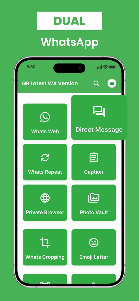 GB Web Latest Version - Dashboard dell'app GB Web Ultima Versione con opzioni per WhatsApp doppi e messaggistica diretta