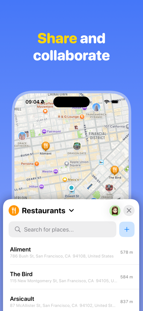 Map markers: Places - A mobile interface of the Map markers Places app featuring a San Francisco map with custom restaurant pins and a list of nearby saved locations