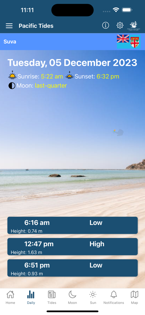 Interfaz de la aplicación Pacific Tides que muestra predicciones diarias de mareas altas y bajas para Suva, Fiyi