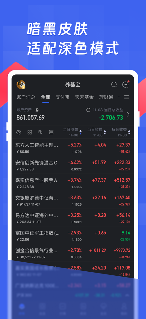 Yang Ji Bao investment app interface showing fund performance in dark mode
