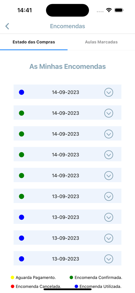 Écran d'historique des commandes de l'application Ski Serra da Estrela montrant le statut et les dates d'achat.