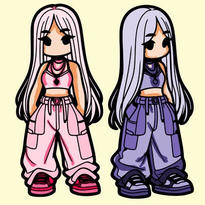 girl in baggy pants crop top and long hair