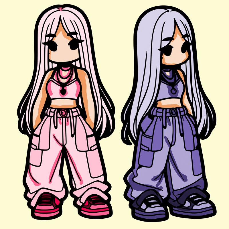 girl in baggy pants crop top and long hair