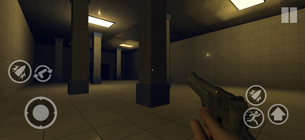 Loop Forest Grandpa in Forest - First person view of a player holding a gun inside a tiled backroom environment