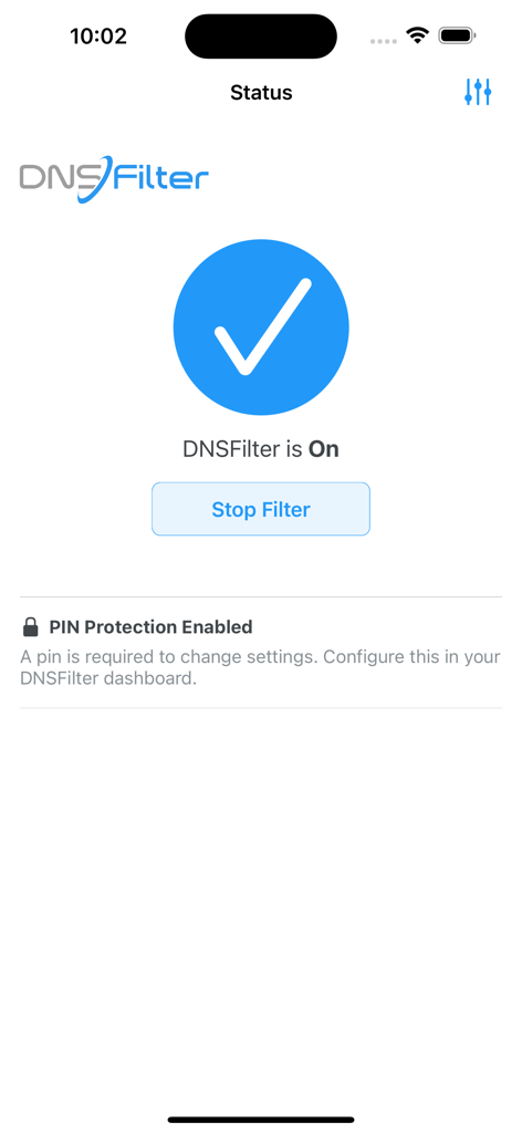 DNSFilter app interface showing active threat protection status and PIN protection enabled on an iPhone.