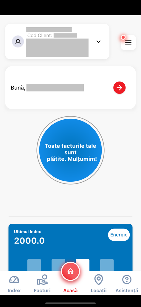 Dashboard of the MyElectrica app showing a confirmation that all bills are paid and the last meter index reading.