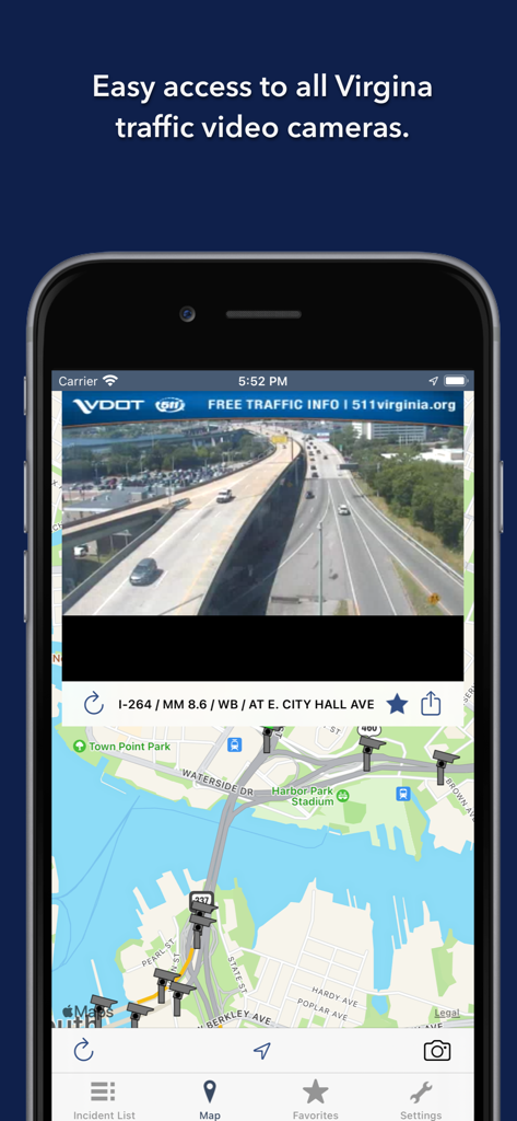 Live traffic camera feed and interactive map showing road conditions in Virginia