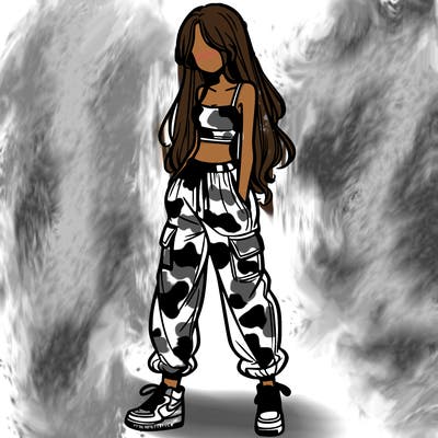 girl in baggy pants crop top and long hair