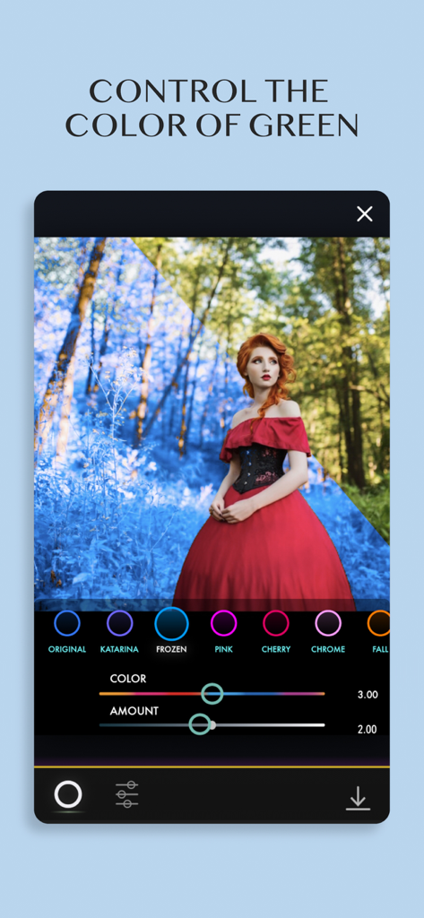 Full Spectrum Camera - Interfaz de la app Cámara de Espectro Completo mostrando una foto de bosque con vegetación verde transformada en azul usando el filtro Congelado