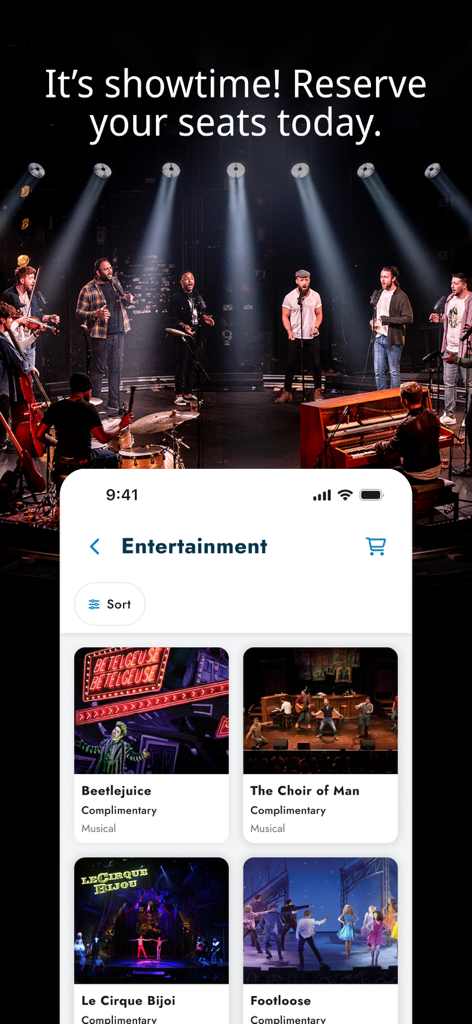 Norwegian Cruise Line app entertainment screen showing musical shows and booking options.