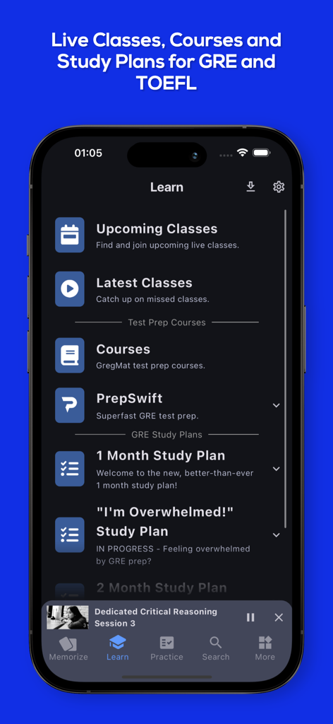 GregMat - GRE and TOEFL Prep - GregMat app interface showing GRE and TOEFL study plans and live classes
