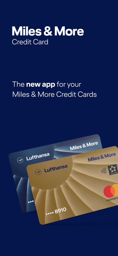 Miles & More Credit Card - Welcome screen for the Miles and More Credit Card app featuring Lufthansa branded credit cards