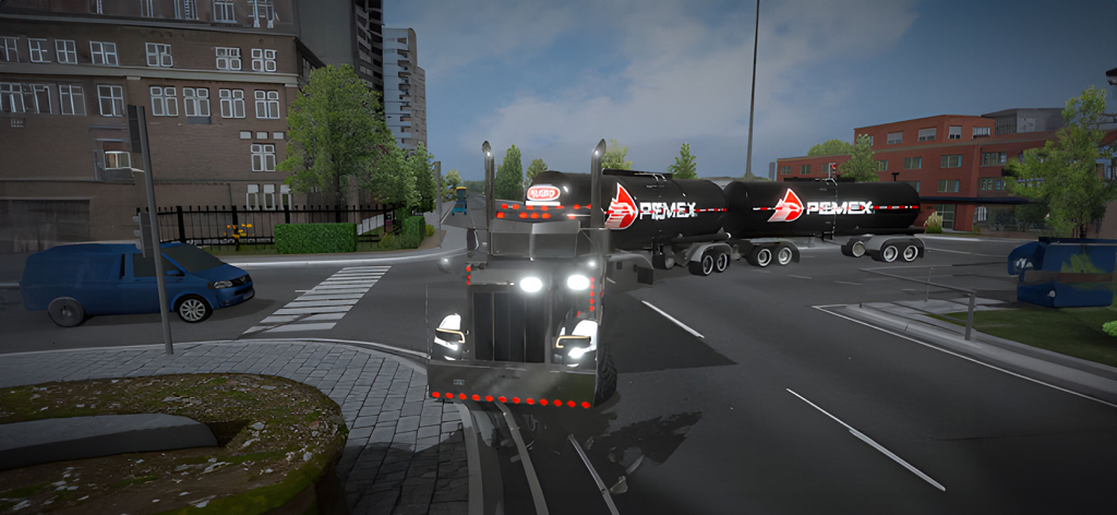 Un camión de carga negro remolcando dos cisternas Pemex a través de una intersección urbana en Universal Truck Simulator