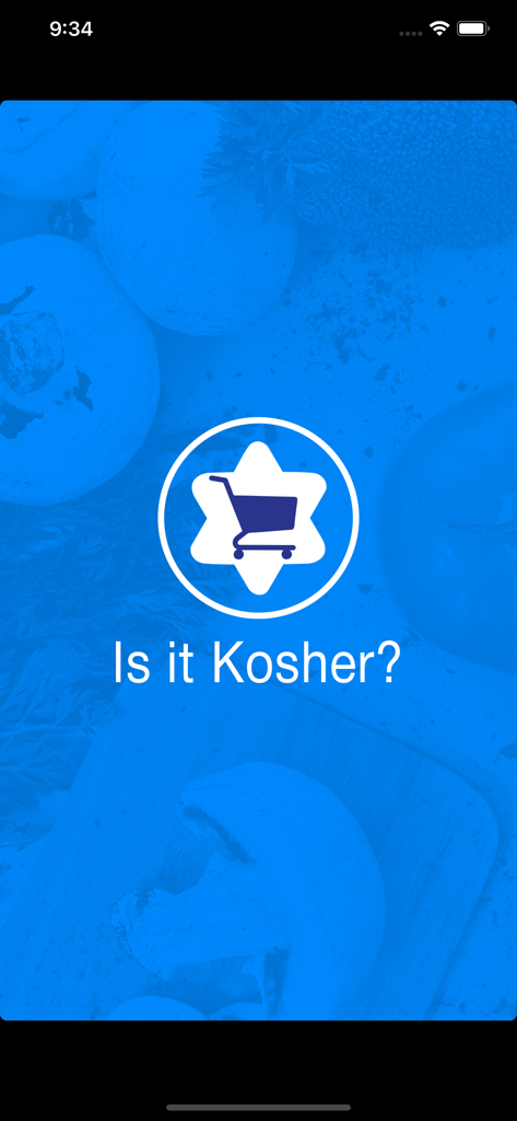 Is it Kosher? - Splash screen for the Is it Kosher app featuring a Star of David with a shopping cart logo on a blue background.