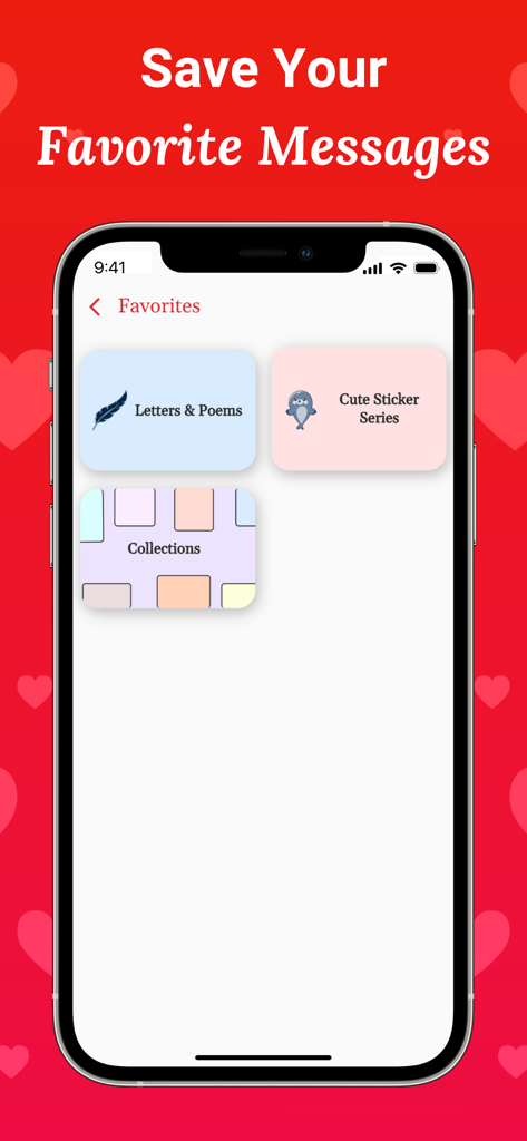 Interface of the Love Letter app showing the favorites section with categories for letters poems and stickers