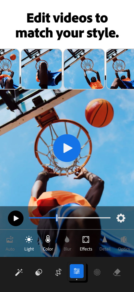 Interface mobile d'Adobe Lightroom pour le montage vidéo incluant un extrait de joueur de basketball et des outils de couleur professionnels