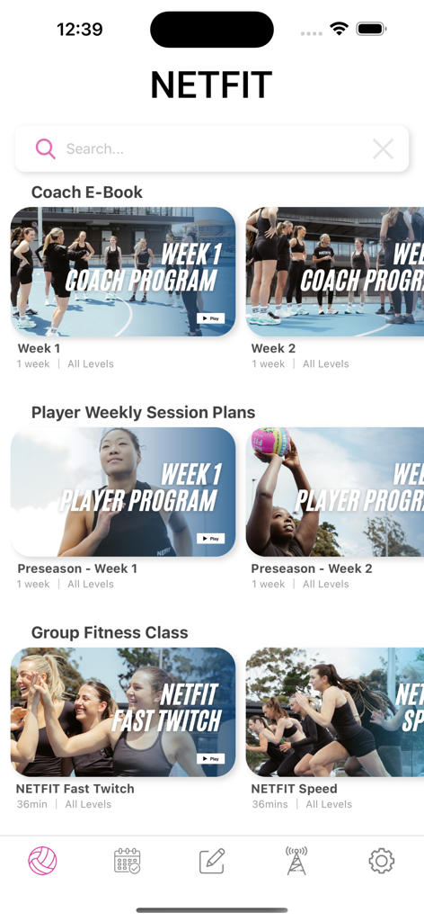 NETFIT Netball - NETFIT Netball app dashboard featuring coaching programs and player session plans
