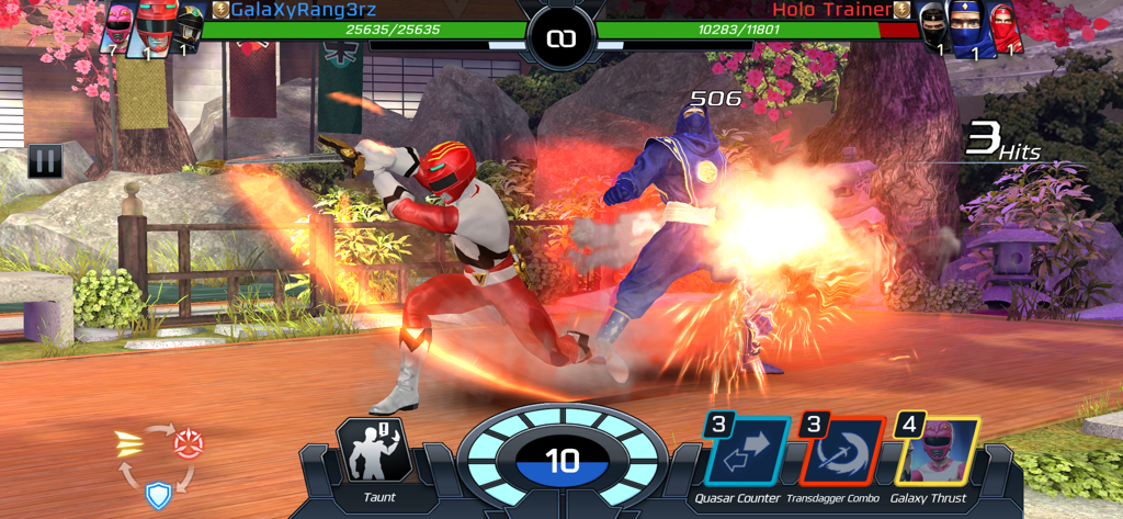 Red Power Ranger performing a fire attack against a blue ninja in a real-time PvP battle