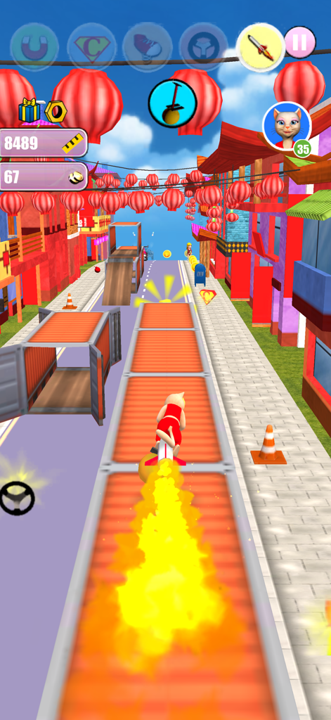 Princess Cat Lea Run - Princess Cat Lea character flying through a city street using a rocket booster power up