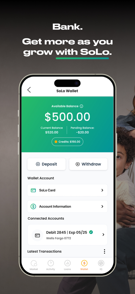 SoLo Funds mobile app interface showing the wallet screen with a five hundred dollar available balance and connected bank account