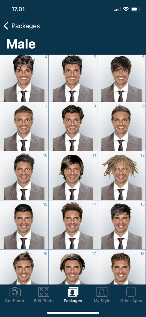 Gallery of different male hairstyles to try on digitally within the app