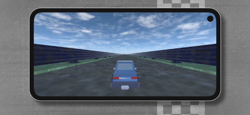 AudioRace - Un coche azul conduciendo en una pista de carreras bajo un cielo azul en el juego AudioRace.