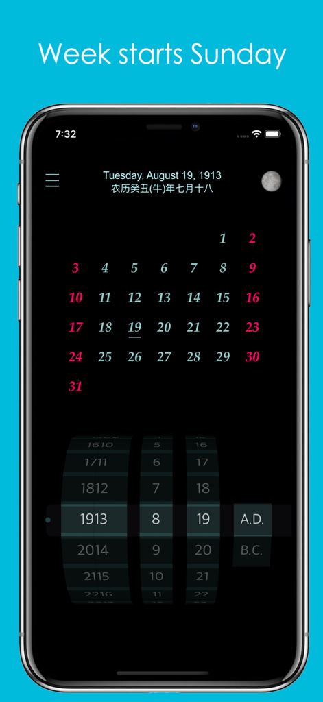 Calendar app interface showing historical date selection for August 19 1913
