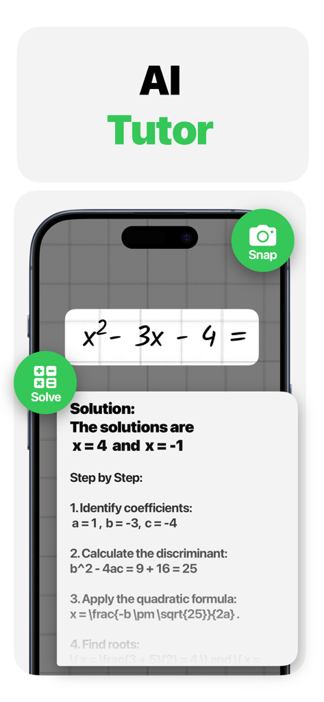 Interfaz de la aplicación ChatASK mostrando la función de tutor de IA resolviendo una ecuación matemática cuadrática con explicaciones paso a paso.