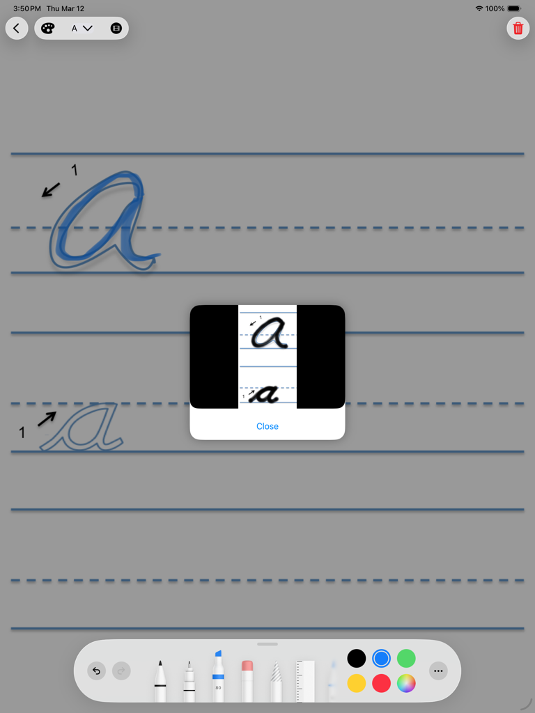 doodle write - Interface for practicing cursive letter tracing with stroke directions in the doodle write iPad app