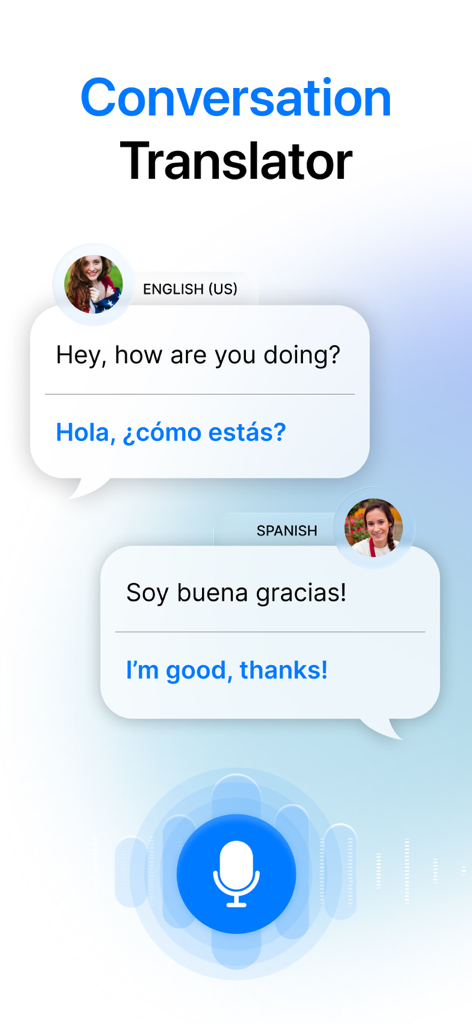 A mobile app interface showing a real-time voice conversation translated between English and Spanish.