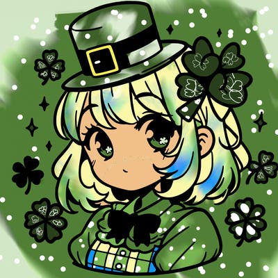 a manga-style girl with clovers around her, a little hat in her hair, like it's saint patrick's day