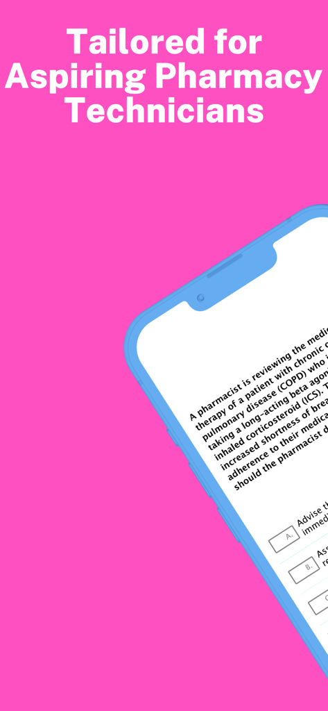 Pharmacy Technician Mastery - Screenshot of Pharmacy Technician Mastery app showing a scenario-based exam question for aspiring pharmacy technicians