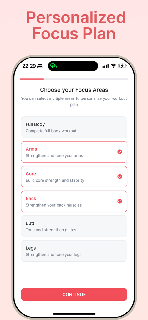 Asian pilates: Pilates at Home - Mobile app screen for selecting body focus areas like arms core and back to personalize a pilates workout plan