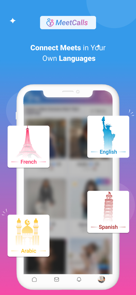 MeetCalls-App-Oberfläche, die Unterstützung für mehrere Sprachen wie Französisch, Englisch, Arabisch und Spanisch zeigt