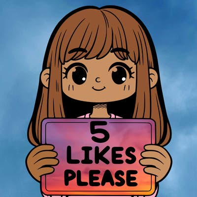 a girl holding a sign that says 5 likes please