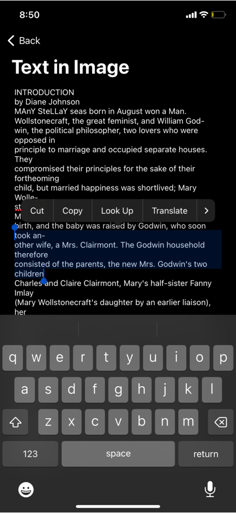 Captura de tela do aplicativo Scanner Pro mostrando a extração e seleção de texto OCR em um iPhone