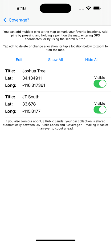 Screen showing managed location pins with GPS coordinates for Joshua Tree in the Coverage app
