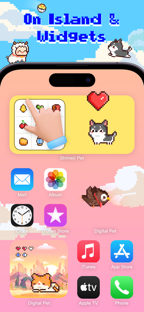 Pixel Shimeji: My Digital Pet - iPhone home screen featuring pixel art digital pet widgets and characters.