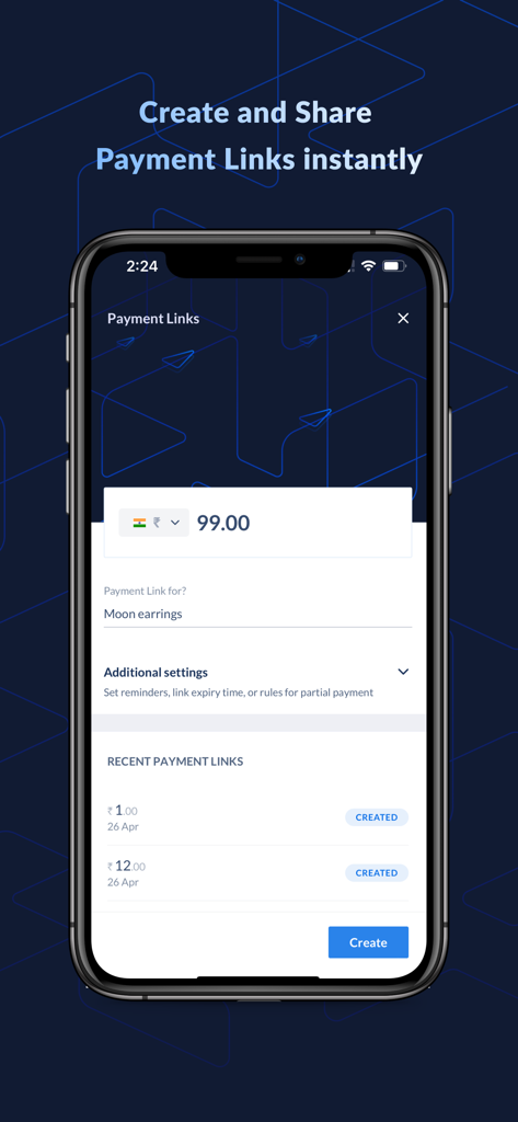 Razorpay - Accept Payments Now - Razorpay app interface for creating and sharing payment links for products like moon earrings