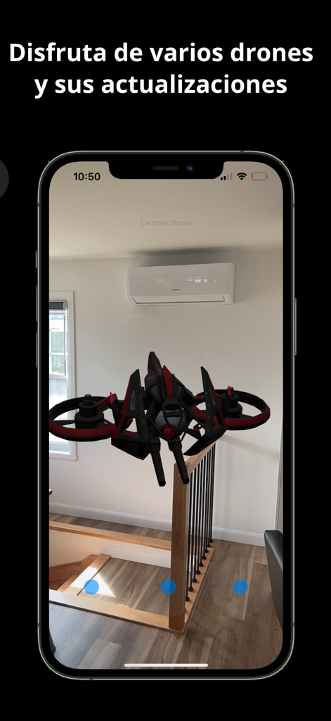 A futuristic drone model hovering in a home environment using Drone AR app