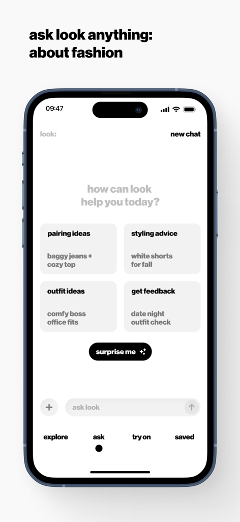 Look AI: Your fashion stylist - Mobile app interface for Look AI showing fashion styling chat options and outfit suggestions