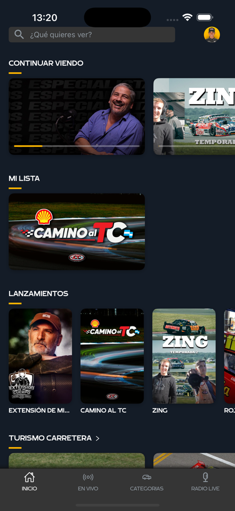MotorPlay - MotorPlay app interface displaying motorsports videos and racing categories on a dark background