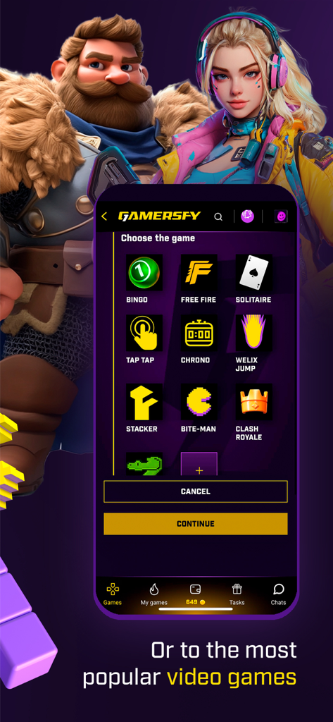 Gamersfy - Gamersfy mobile app interface showing a selection of popular games to compete in for rewards