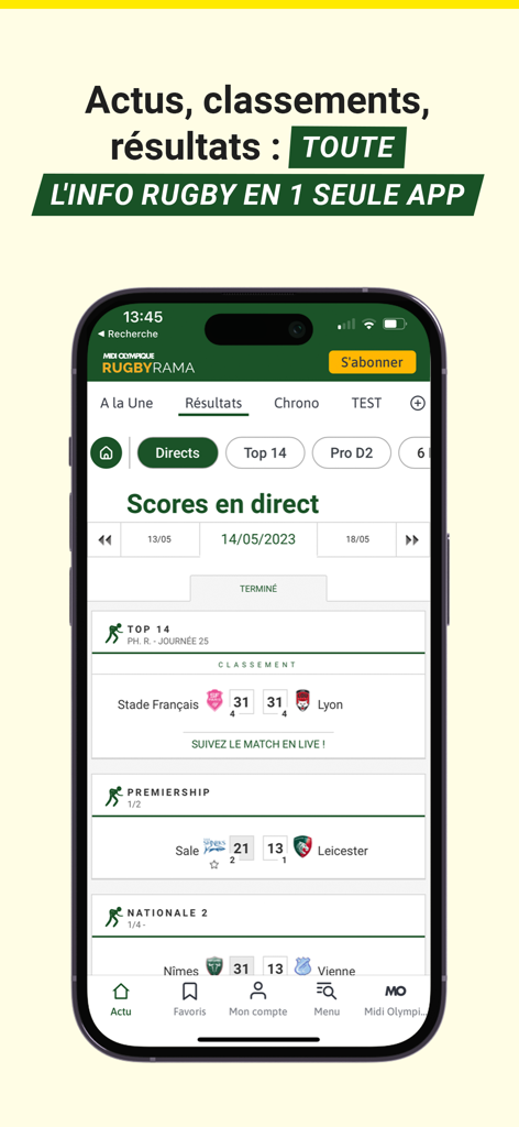 Interfaz de la aplicación móvil Rugbyrama mostrando marcadores de partidos de rugby en vivo y resultados de liga.