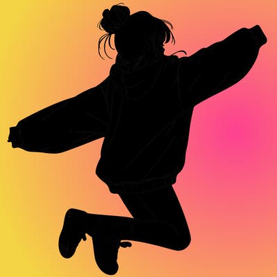 realistic girl jumping with a bun and oversized sweatshirt