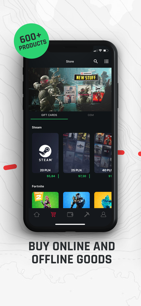 Interfaz de la tienda de la aplicación GamerHash mostrando tarjetas de regalo para Steam y skins de Fortnite disponibles para comprar con recompensas minadas