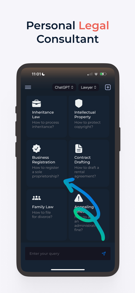 AI Chatbot GPT-5 Assistant - Pantalla de teléfono inteligente que muestra el Asistente AI Chatbot GPT-5 en modo abogado con categorías de asesoramiento legal como Derecho de Sucesiones y Redacción de Contratos.
